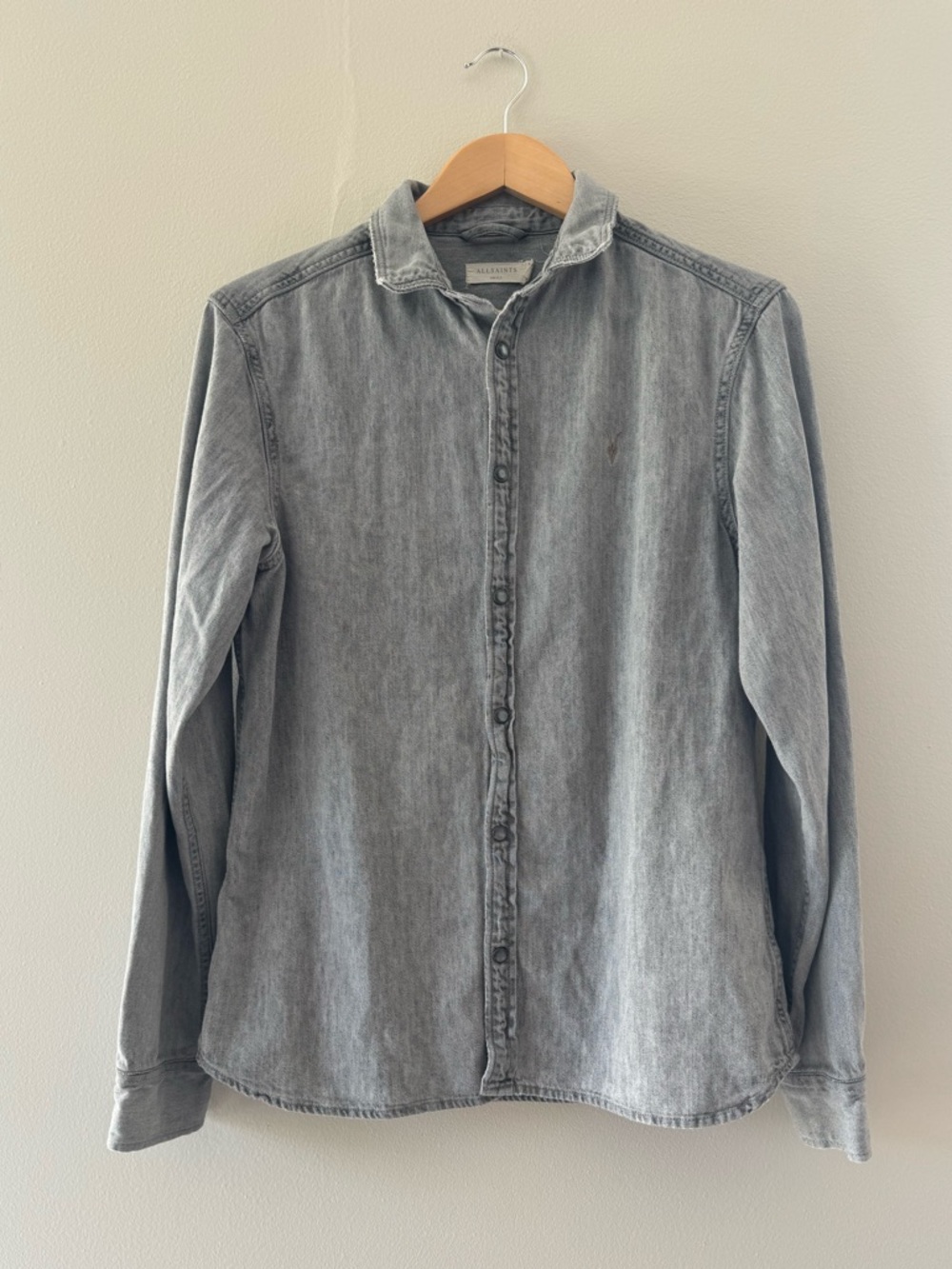 ALLSAINTS Men’s Pearl Snap Gray Button Up Shirt Small Washed Out Cotton Light